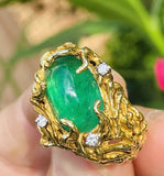 Vintage 18k Gold Brutalist Emerald Diamond Cocktail Ring