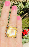 Large Vintage 18k Gold Retro Citrine Diamond Cocktail Ring