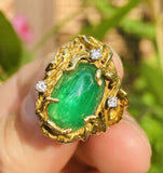 Vintage 18k Gold Brutalist Emerald Diamond Cocktail Ring