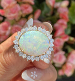 Vintage 14k White Gold 7.4ct Opal Diamond Halo Cocktail Ring