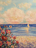 KADLIC Impressionist Seascape Flowers Original Oil Painting On Canvas 24x20”