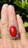 Vintage 14K Sardinian Red Coral Cabochon Diamond Cocktail Ring