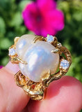 Vintage Arthur King Style 14k Gold Baroque Pearl G VS Diamond Cocktail Ring