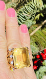 Large Vintage 18k Gold Retro Citrine Diamond Cocktail Ring