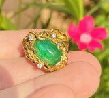 Vintage 18k Gold Brutalist Emerald Diamond Cocktail Ring