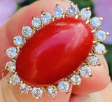 Vintage 14K Sardinian Red Coral Cabochon Diamond Cocktail Ring