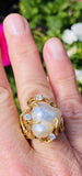 Vintage Arthur King Style 14k Gold Baroque Pearl G VS Diamond Cocktail Ring