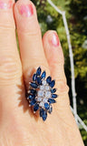 Vintage Retro 14k White Gold Blue Sapphire VS Diamond Cluster Cocktail Ring