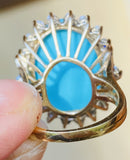 Huge Vintage 1960s 18k Gold  Turquoise VS Diamond Halo Cocktail Statement Ring
