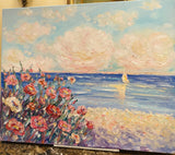 KADLIC Impressionist Seascape Flowers Original Oil Painting On Canvas 24x20”