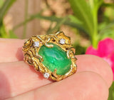 Vintage 18k Gold Brutalist Emerald Diamond Cocktail Ring