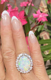 Vintage 14k White Gold 7.4ct Opal Diamond Halo Cocktail Ring