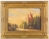 Antique Castle Landscape Original Oil on Canvas Ornate Gold Frame