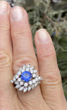 Vintage 1950s Platinum 5ct Blue Sapphire VS Diamond Halo Ballerina Ring