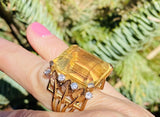 Large Vintage 18k Gold Retro Citrine Diamond Cocktail Ring