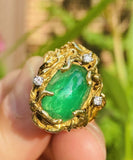 Vintage 18k Gold Brutalist Emerald Diamond Cocktail Ring