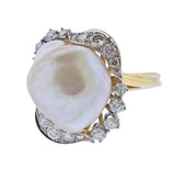 Vintage Estate 18k Yellow Gold Platinum Baroque Pearl VS Diamond Cocktail Ring