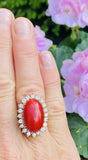 Vintage 14K Sardinian Red Coral Cabochon Diamond Cocktail Ring