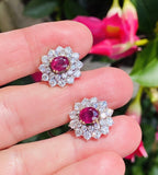 Vintage Estate 18k Gold 4ct Ruby Diamond Double Halo Stud Drop Earrings