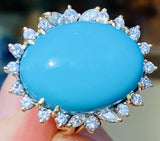Huge Vintage 1960s 18k Gold  Turquoise VS Diamond Halo Cocktail Statement Ring