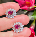 Vintage Estate 18k Gold 4ct Ruby Diamond Double Halo Stud Drop Earrings