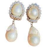 Vintage Estate 18k Gold South Sea Pearl 2.20ct VS Diamond Drop Dangle Earrings