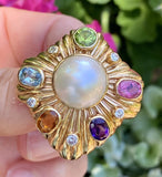 Vintage 14k Gold Mabe Pearl Diamond Gemstone Necklace Pendant Clip