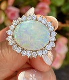 Vintage 14k White Gold 7.4ct Opal Diamond Halo Cocktail Ring