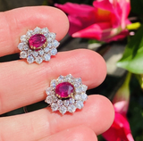 Vintage Estate 18k Gold 4ct Ruby Diamond Double Halo Stud Drop Earrings