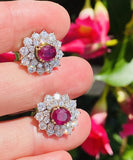 Vintage Estate 18k Gold 4ct Ruby Diamond Double Halo Stud Drop Earrings