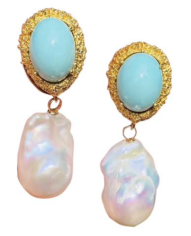 Vintage Retro 18K Gold Turquoise Day To Night Baroque Pearl Drop Earrings