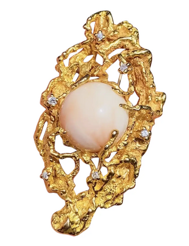 Vintage Freeform Brutalist 14k Gold Angel Skin Coral Cabachon Diamond Brooch