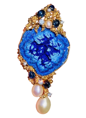 Vintage GILBERT ALBERT 18k Gold Diamond Azurite Sapphire Pearl Brooch Pendant