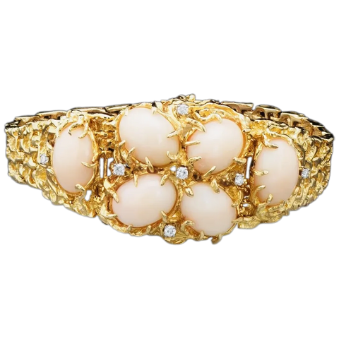 Vintage 14k Gold Angel Skin Coral Diamond Bracelet, 61.8g