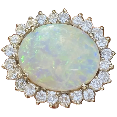 Vintage 14k White Gold 7.4ct Opal Diamond Halo Cocktail Ring