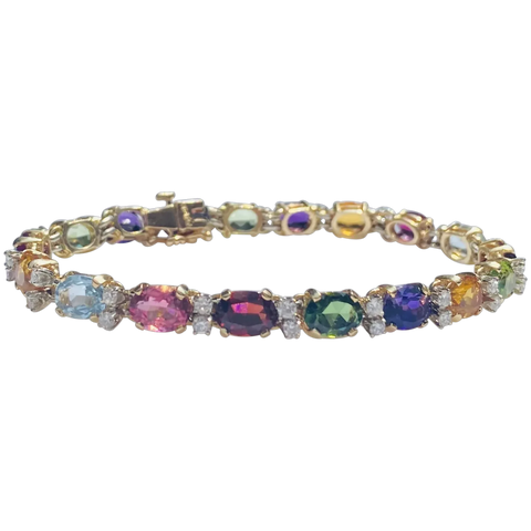 Vintage 14k Gold Rainbow Gemstone Diamond Line Tennis Bracelet