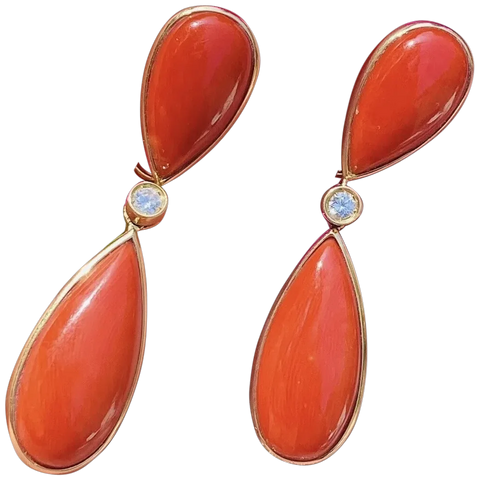 Vintage 18k Gold Diamond Red Coral Dangle Pendant Earrings