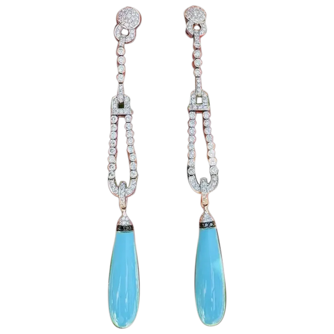 Vintage 18k Gold Eli Frei Designer Turquoise Diamond Dangle Pendant Earrings