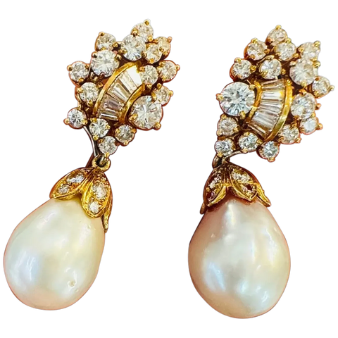 Vintage 18k Gold South Sea Pearl 3.00ct VS Diamond Day Night Dangle Earrings