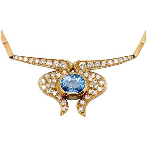 Vintage Estate Retro 18K Gold  Diamond Aquamarine Necklace Pendant