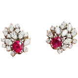 Vintage Estate 18k Gold 4ct Ruby Diamond Double Halo Stud Drop Earrings