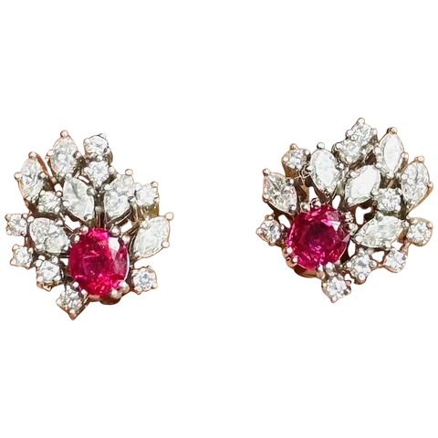 Vintage Estate 18k Gold 4ct Ruby Diamond Double Halo Stud Drop Earrings