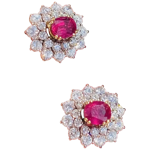 Vintage Estate 18k Gold 4ct Ruby Diamond Double Halo Stud Drop Earrings