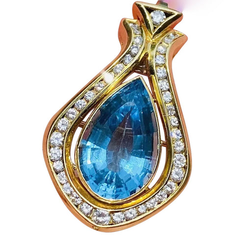 Vintage La Triomphe 18k Gold Blue Topaz 11.75ct Diamond Necklace Pendant Pin
