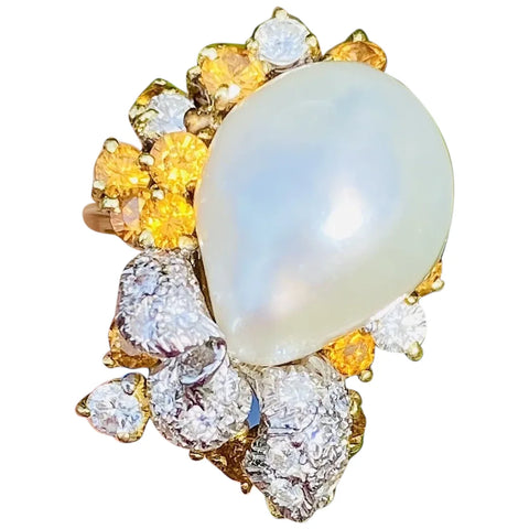Vintage La Triomphe 18k Gold Baroque Pearl G VS Diamond Citrine Ring