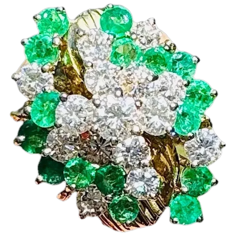 Vintage 1950s Estate 18k Gold 2.80ct Emerald Diamond Cluster Statement Ring