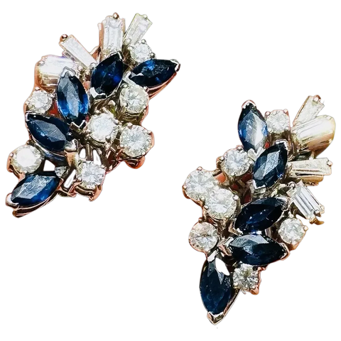 Vintage Art Deco 18k Gold Blue Sapphire Diamond Baguette Drop Earrings