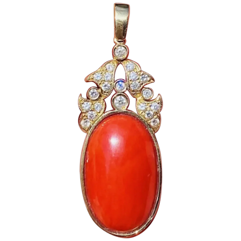 Vintage Midcentury 18k Gold Red Coral Diamond Necklace Pendant