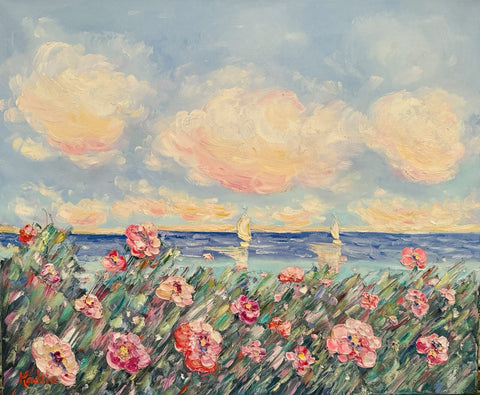 KADLIC Impressionist Flowers Seascape Original Oil Painting On Canvas 24x20