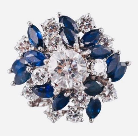 Vintage Estate 18k White Gold 6ct Sapphire G VS Diamond Cluster Cocktail Ring